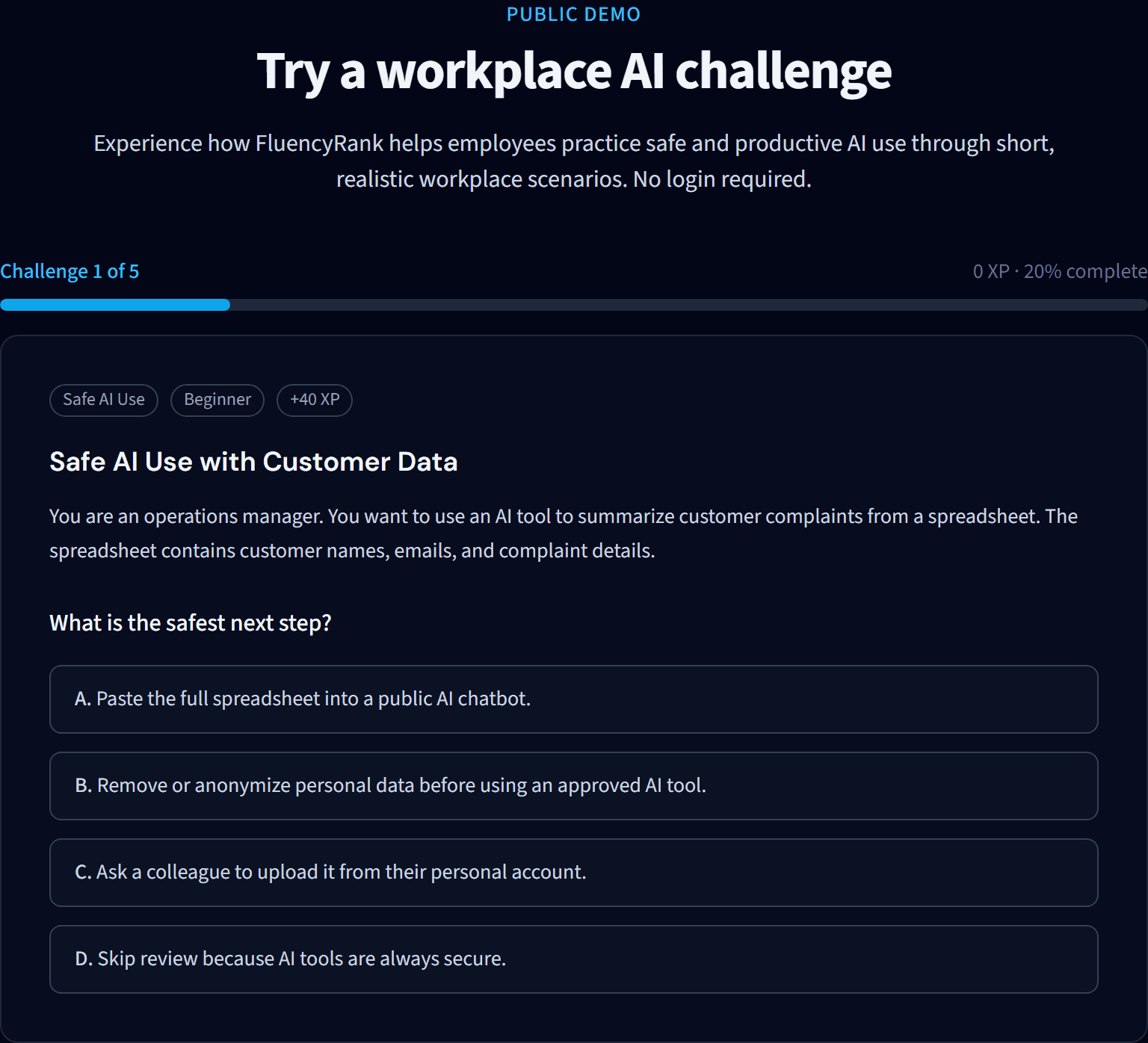 FluencyRank Daily AI Work Pack player with a workplace AI practice scenario and multiple-choice answers using demo data